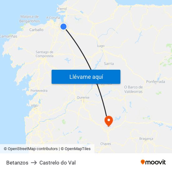 Betanzos to Castrelo do Val map