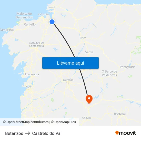 Betanzos to Castrelo do Val map