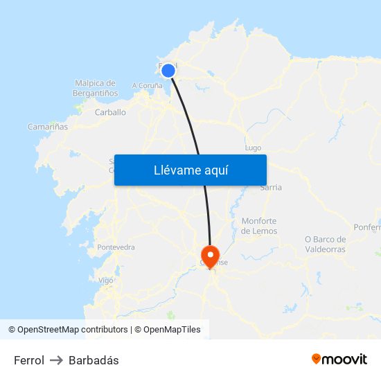 Ferrol to Barbadás map