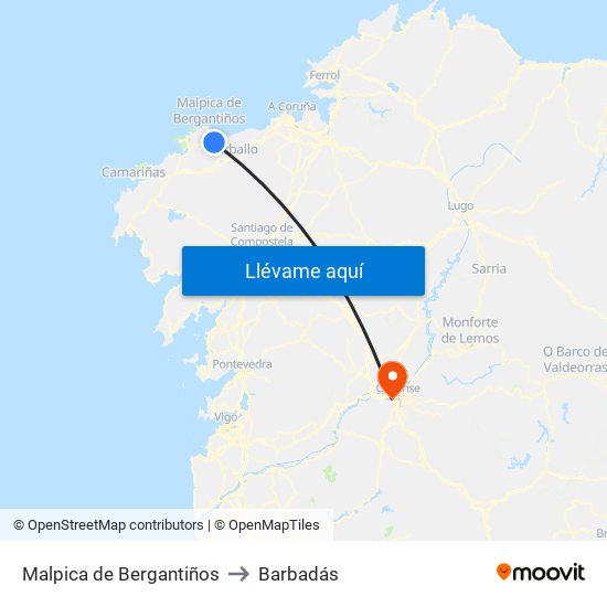 Malpica de Bergantiños to Barbadás map
