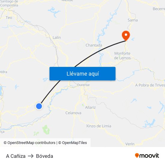 A Cañiza to Bóveda map