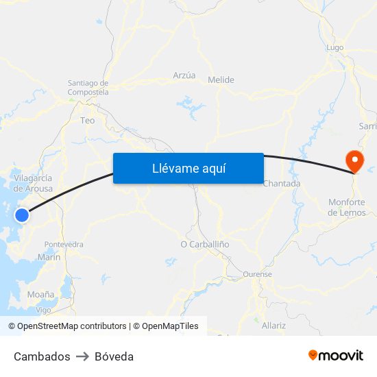 Cambados to Bóveda map