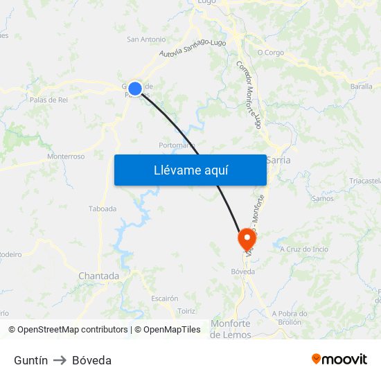 Guntín to Bóveda map