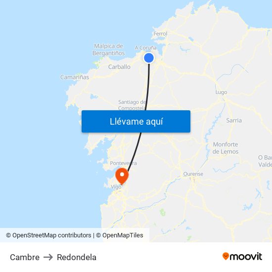 Cambre to Redondela map