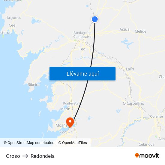 Oroso to Redondela map