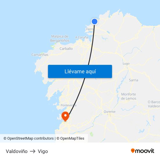 Valdoviño to Vigo map