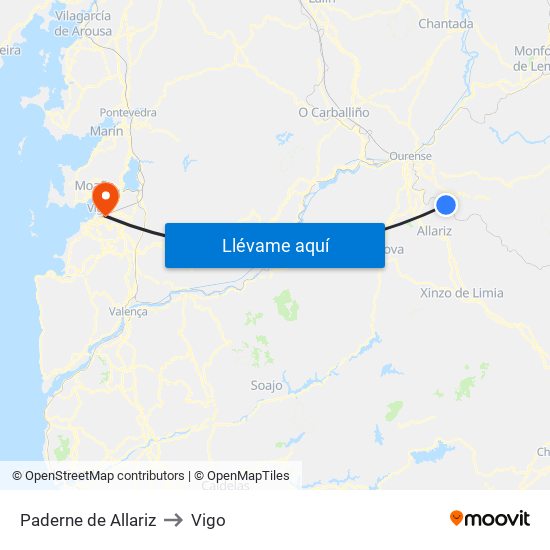 Paderne de Allariz to Vigo map