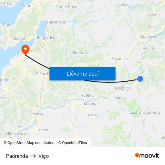 Padrenda to Vigo map