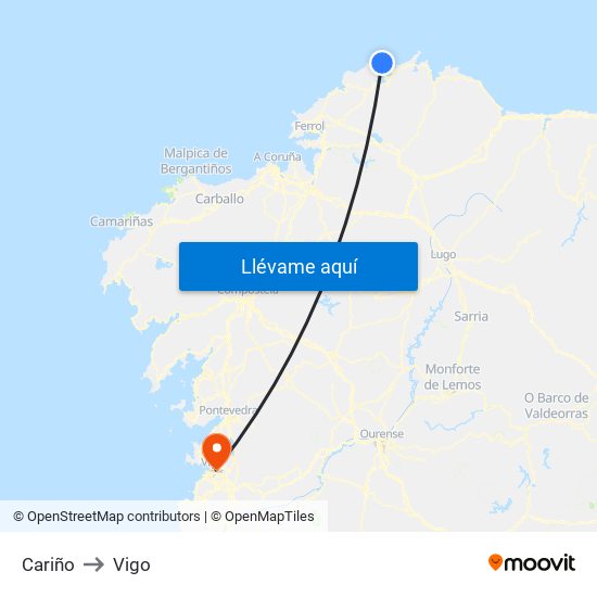 Cariño to Vigo map