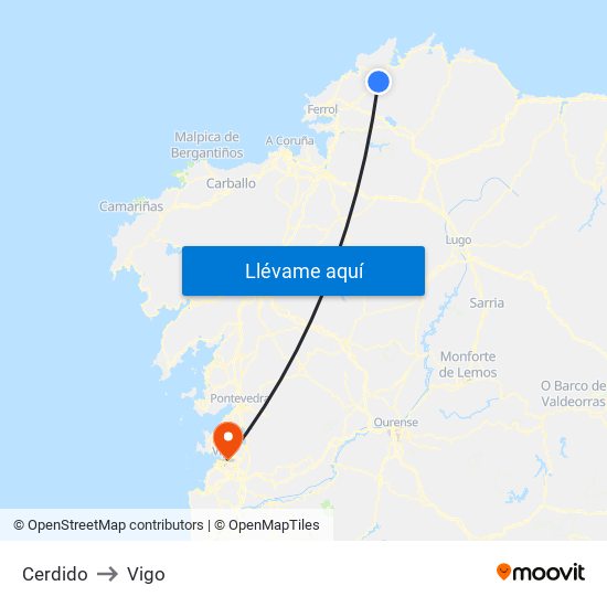Cerdido to Vigo map