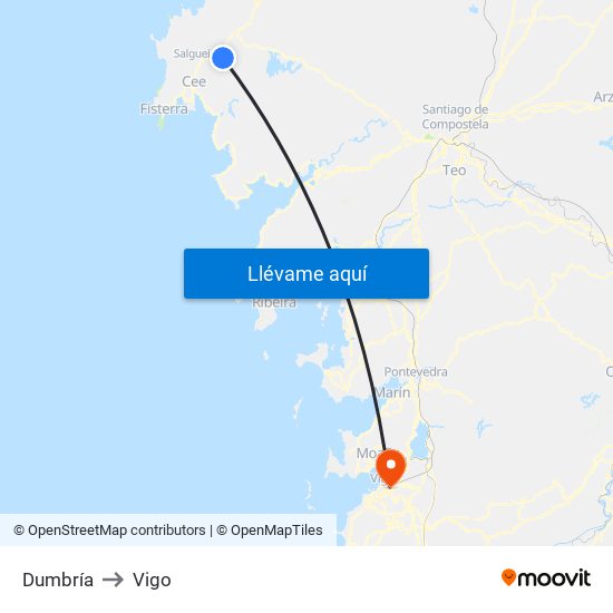 Dumbría to Vigo map