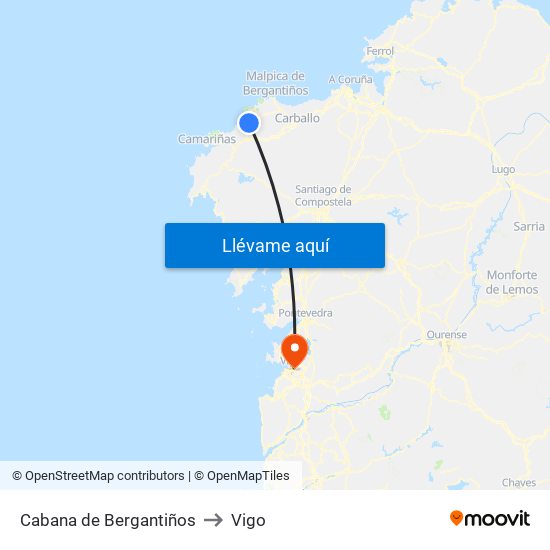 Cabana de Bergantiños to Vigo map