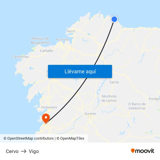 Cervo to Vigo map