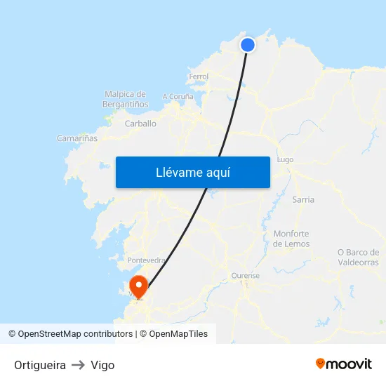 Ortigueira to Vigo map