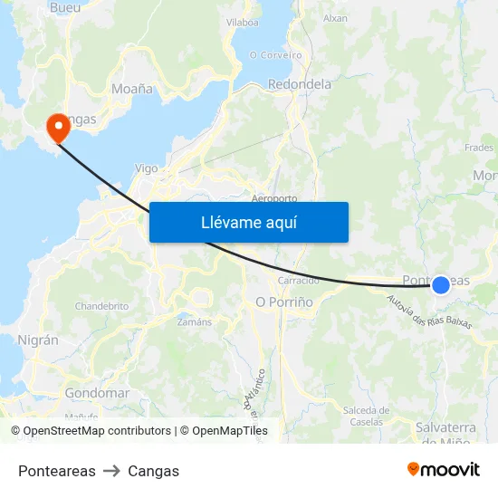 Ponteareas to Cangas map