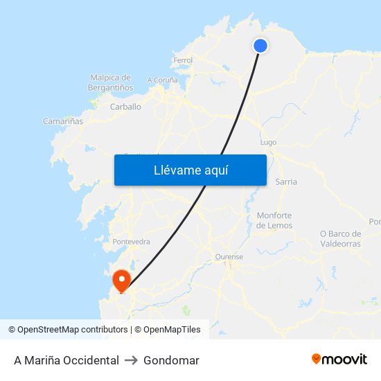 A Mariña Occidental to Gondomar map
