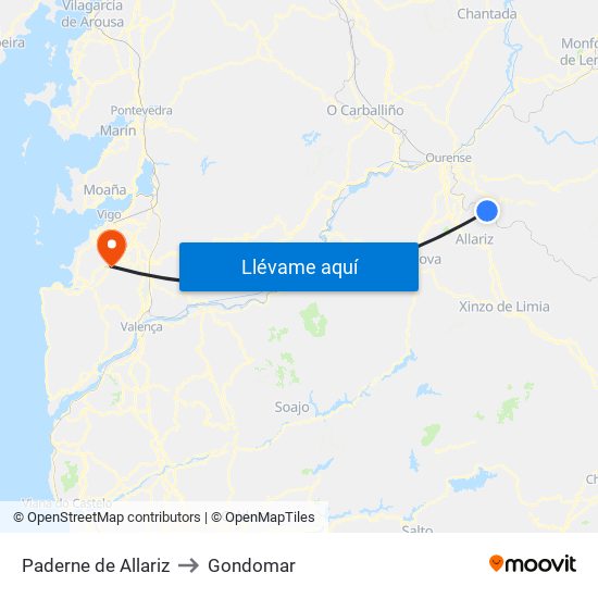 Paderne de Allariz to Gondomar map