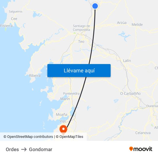 Ordes to Gondomar map