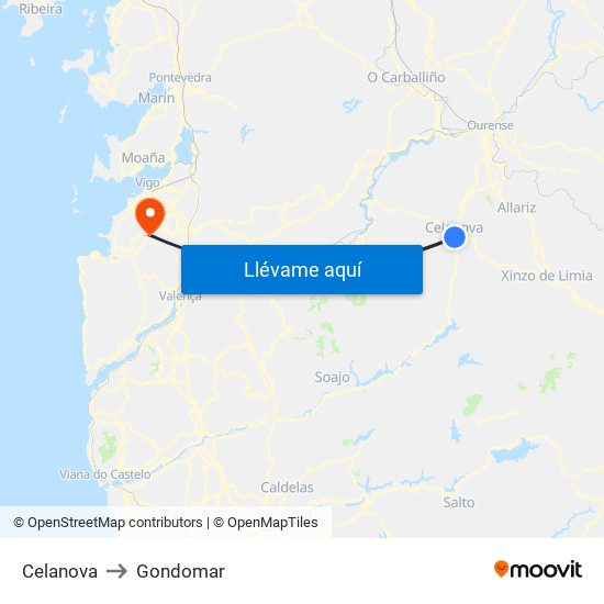 Celanova to Gondomar map