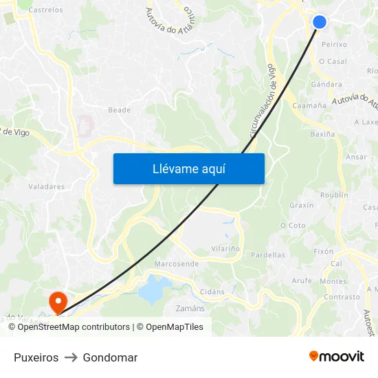 Puxeiros to Gondomar map