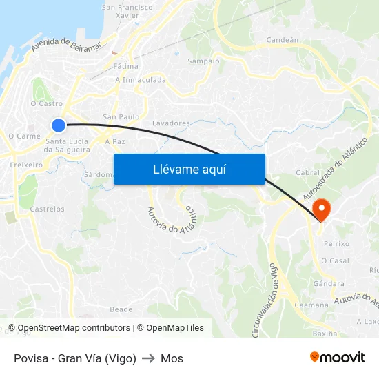 Povisa - Gran Vía (Vigo) to Mos map