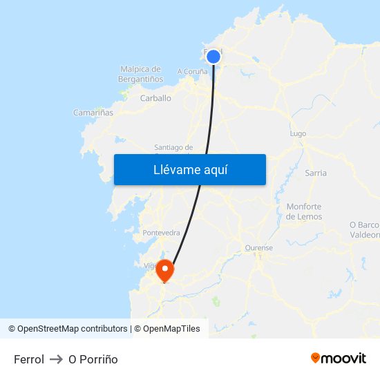 Ferrol to O Porriño map