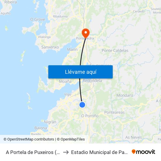 A Portela de Puxeiros (Mos) to Estadio Municipal de Pasarón map