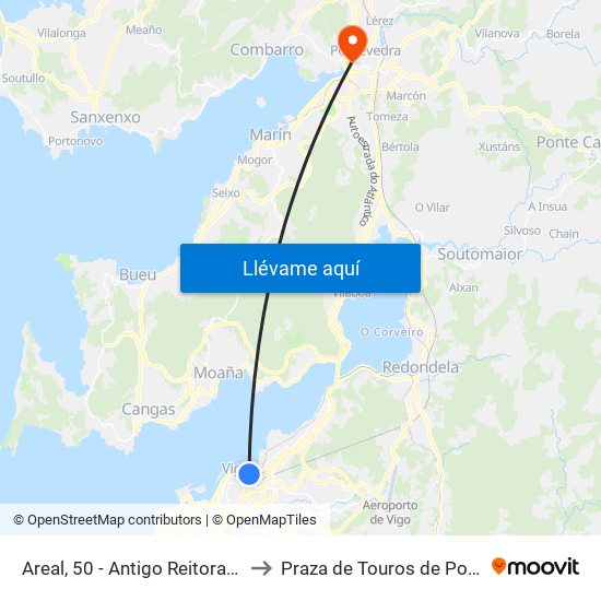 Areal, 50 - Antigo Reitorado (Vigo) to Praza de Touros de Pontevedra map