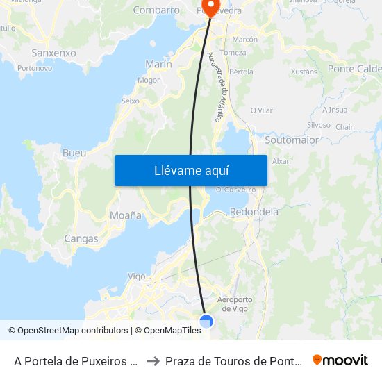 A Portela de Puxeiros (Mos) to Praza de Touros de Pontevedra map