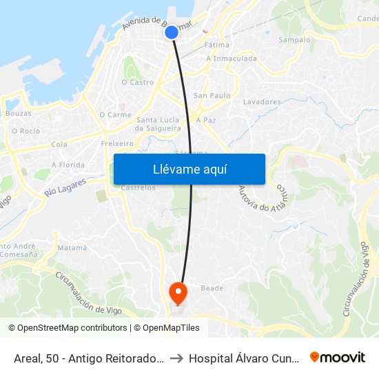 Areal, 50 - Antigo Reitorado (Vigo) to Hospital Álvaro Cunqueiro map