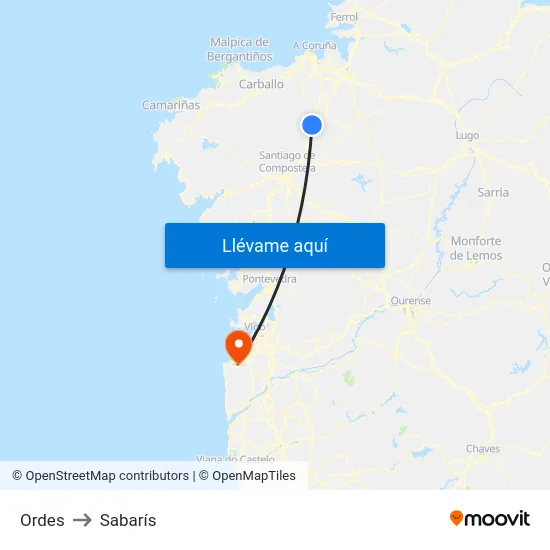 Ordes to Sabarís map