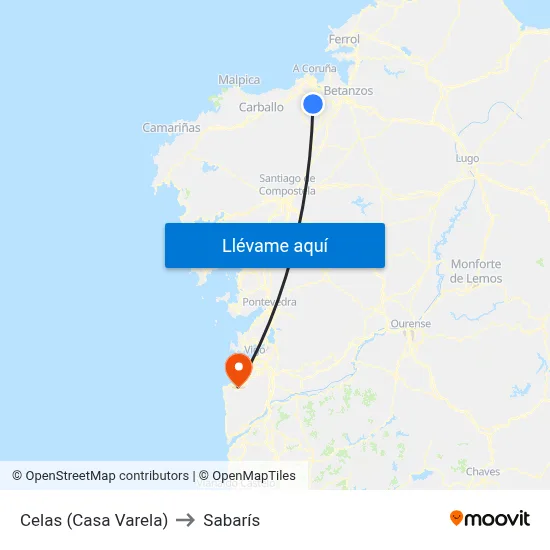 Celas (Casa Varela) to Sabarís map