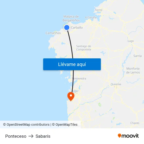 Ponteceso to Sabarís map