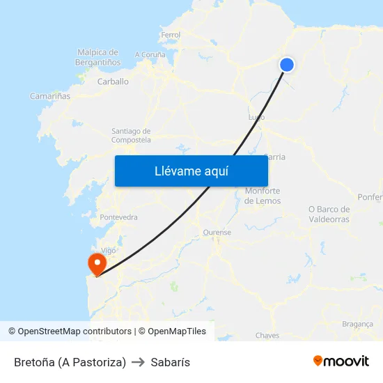 Bretoña (A Pastoriza) to Sabarís map
