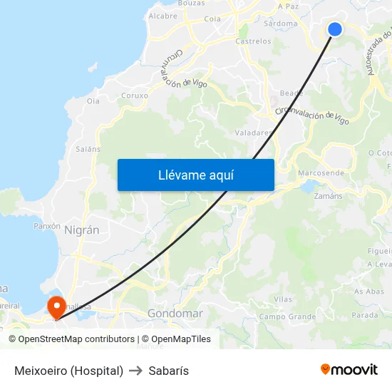 Meixoeiro (Hospital) to Sabarís map