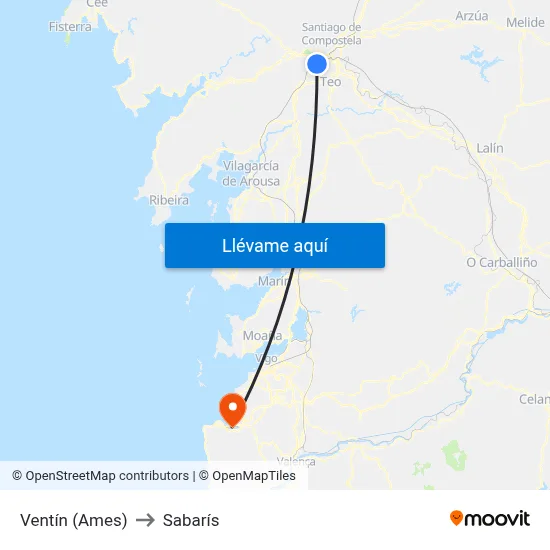 Ventín (Ames) to Sabarís map