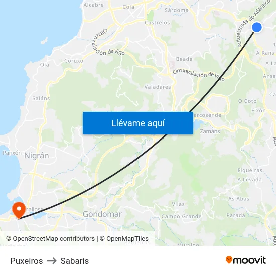 Puxeiros to Sabarís map