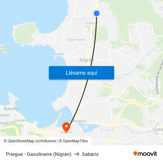 Priegue - Gasolineira (Nigrán) to Sabarís map