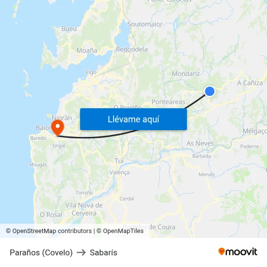 Paraños (Covelo) to Sabarís map