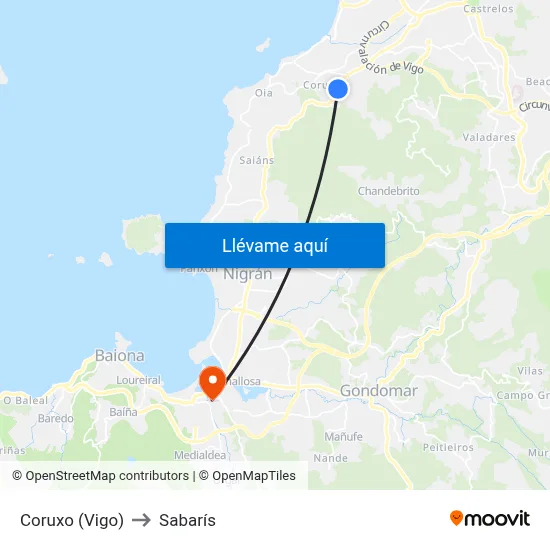 Coruxo (Vigo) to Sabarís map