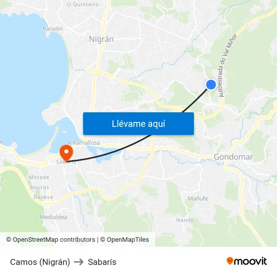 Camos (Nigrán) to Sabarís map