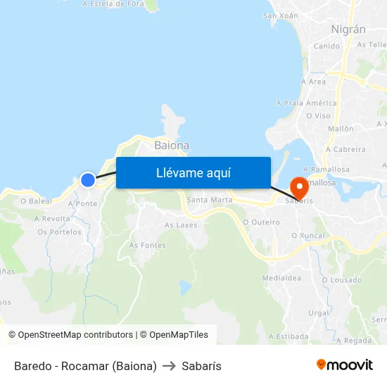 Baredo - Rocamar (Baiona) to Sabarís map