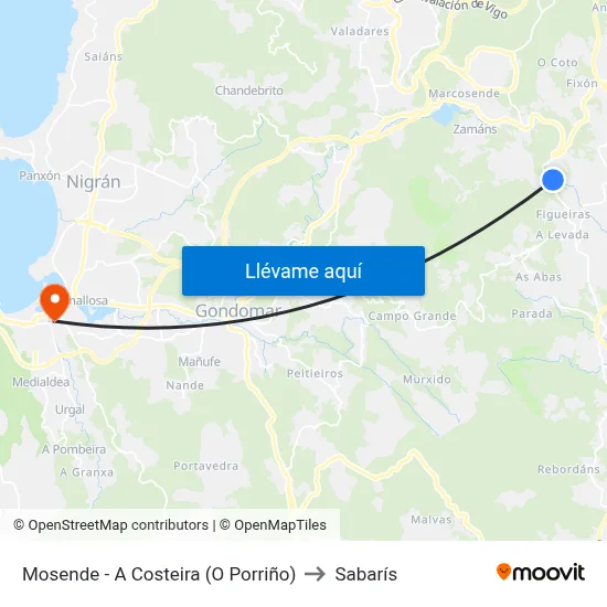 Mosende - A Costeira (O Porriño) to Sabarís map