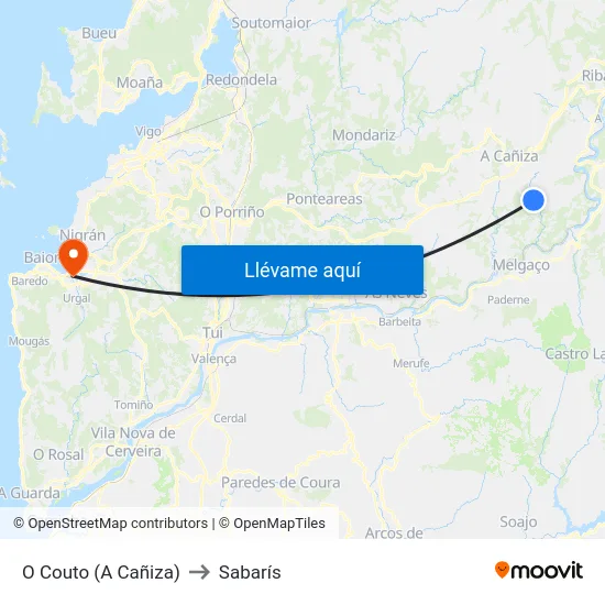 O Couto (A Cañiza) to Sabarís map