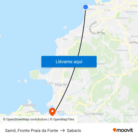 Samil, Fronte Praia da Fonte to Sabarís map