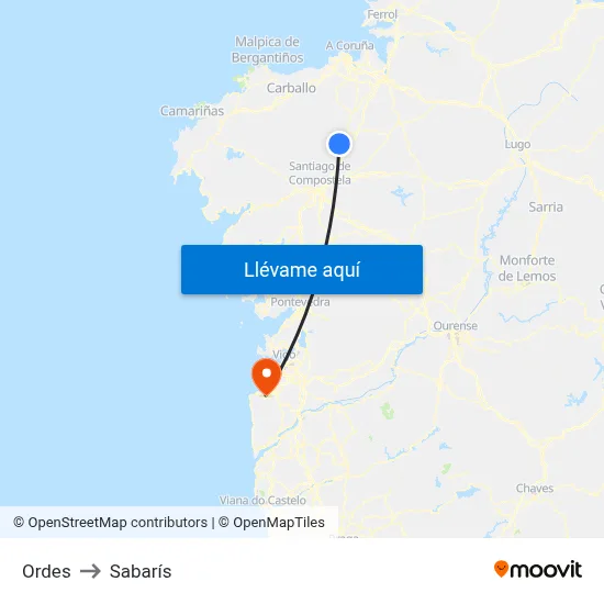 Ordes to Sabarís map