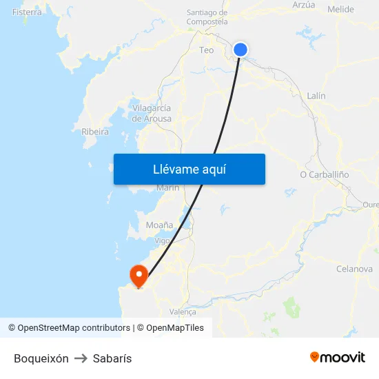 Boqueixón to Sabarís map