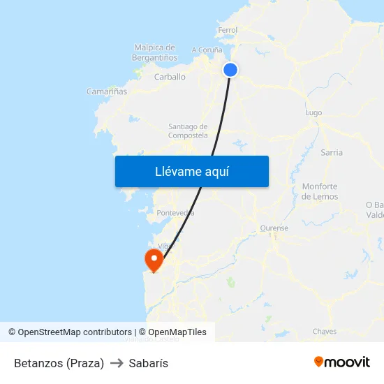 Betanzos (Praza) to Sabarís map