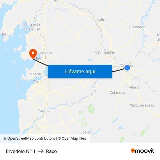 Ervedelo Nº 1 to Raxó map
