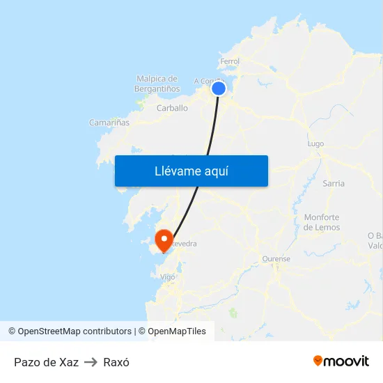 Pazo de Xaz to Raxó map